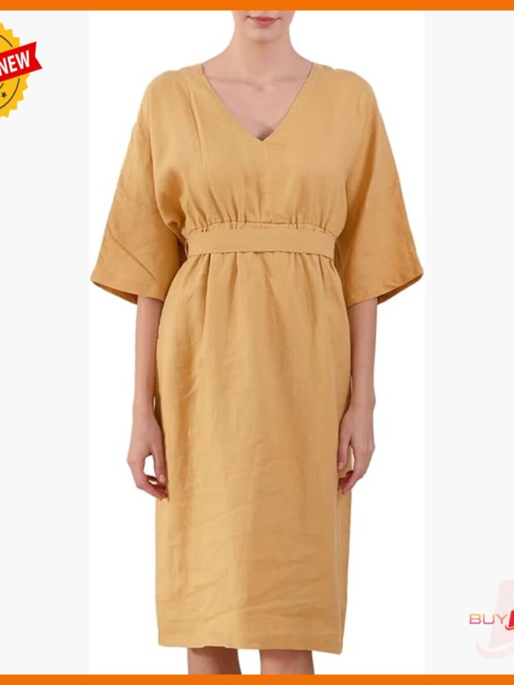 Linen Summer Dress with Pockets, V-Neck, Belted Waist, Size Medium
